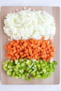 Mirepoix ingredients: chopped onions, chopped carrots and chopped celery
