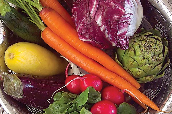 Squash, zucchini, eggplant, radish, carrot and artichoke in a pot.