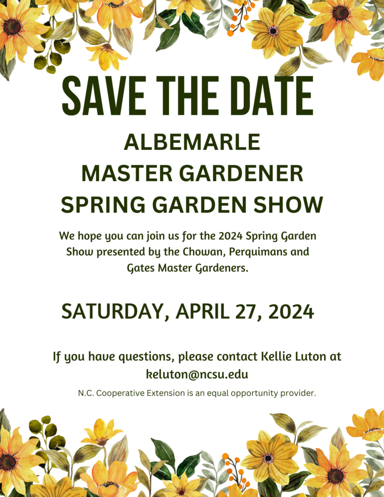 Save the Date flyer for Albemarle Master Gardener Spring Garden Show, April 27th, 2024