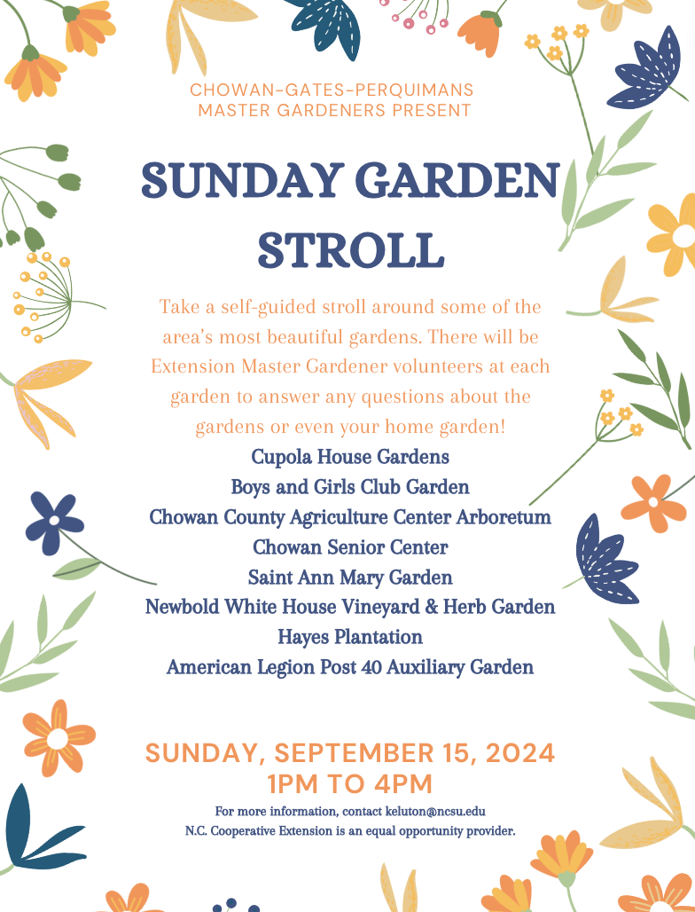 Sunday Garden Stroll poster listing all of the gardens included in this event.