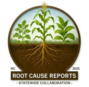 picture from left to right of soybean, corn, and tobacco in circle with sky on top half and soil with roots from corn plant on bottom half and the works root cause reports in white in brown block and -statewide collaboration- in brown letters under the block